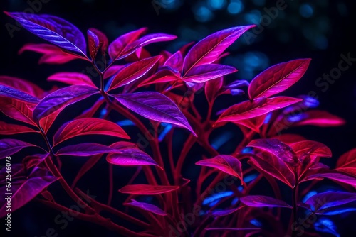 Close-up of neon bonsai leaves  emitting an ethereal light.