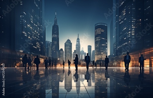 A few businesspeople s silhouettes against the backdrop of a contemporary city.