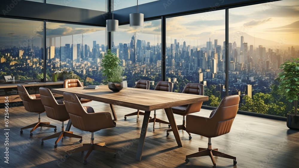 The interior of the wooden office area has a panoramic window, a meeting table, and chairs. .