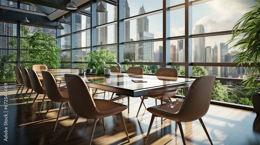 The interior of the wooden office area has a panoramic window, a meeting table, and chairs. .