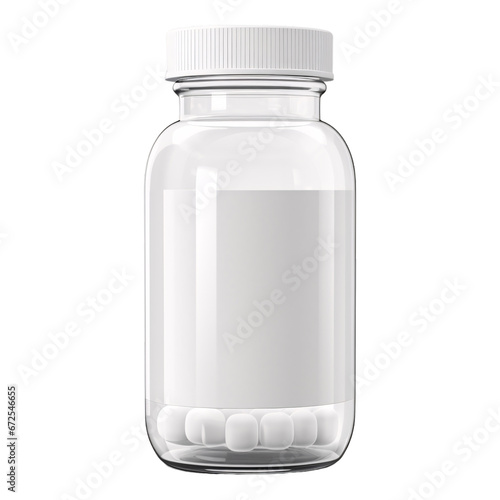 medicine capsules transparent container or bottle with label space isolated on a transparent background, prescription pills or tablet container packaging 3D label mockup PNG photo