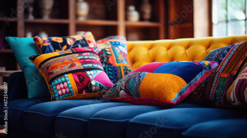 handmade, interior design, decoration elements concept. there is sinple but original pillowcases that was sewed of jeans fabric, each one has cuts that are made in form of squares photo