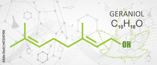 Geraniol chemical structure. Primary component of rose oil and citronella oil. Common additive in perfume and cosmetic industry as aroma substance. Skeletal formula. Cannabis terpene