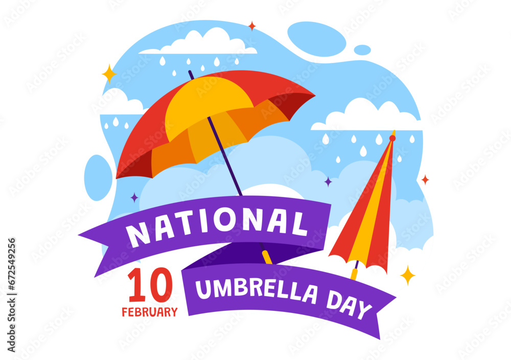 Fototapeta premium National Umbrella Day Vector Illustration on 10 February with Umbrellas at Rainy Weather or Monsoon Season in Flat Cartoon Background Design