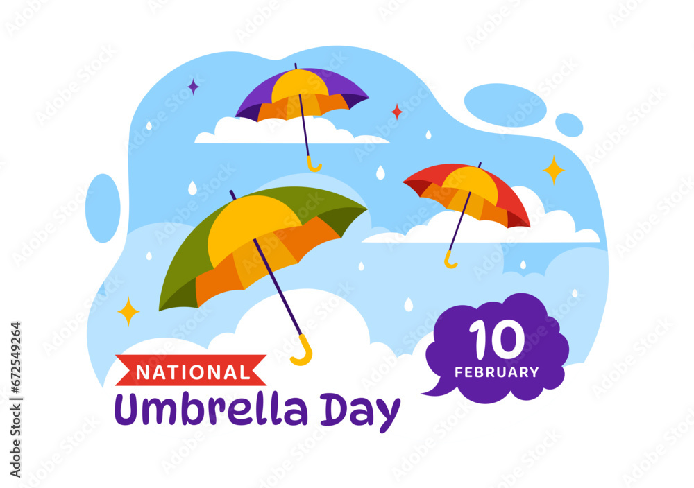 National Umbrella Day Vector Illustration on 10 February with Umbrellas at Rainy Weather or Monsoon Season in Flat Cartoon Background Design