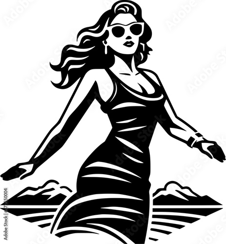 Hand-drawn Cruise Vacation Woman with Sunglasses Vintage Outline Icon