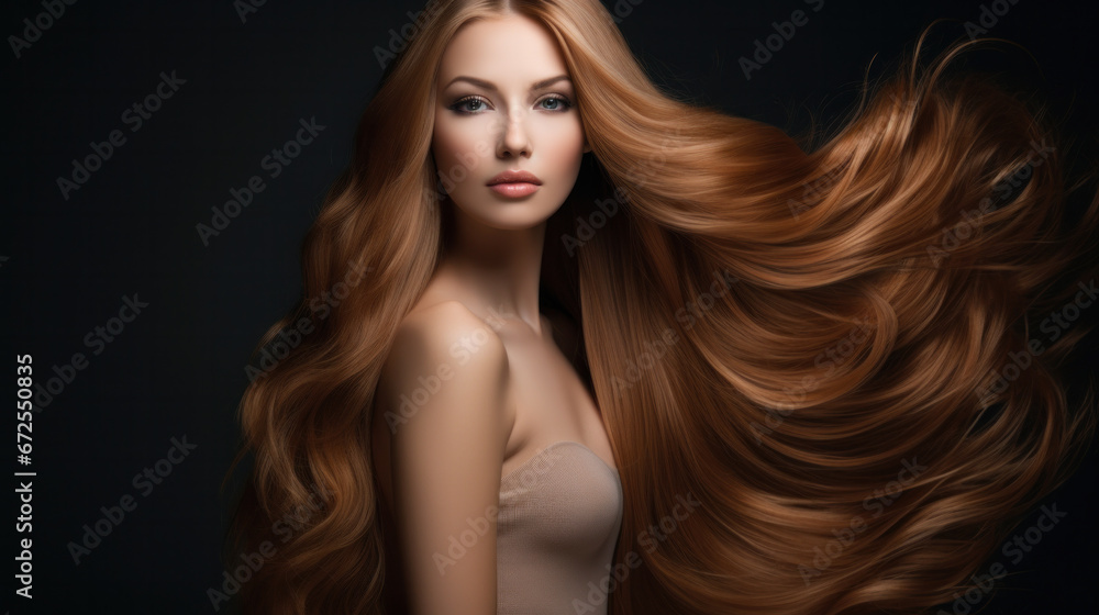 Obraz premium Beauty redhead girl with long and shiny wavy red hair . Beautiful woman model with curly hairstyle .