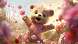 Cute lifelike gracefully jumping baby bear with flowers sweet,generate ai