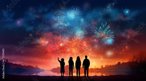 People celebrate the New Year 2024,firework on sky, illustration for a celebrity,generate ai
