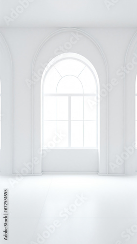 a room with a large window and a white floor