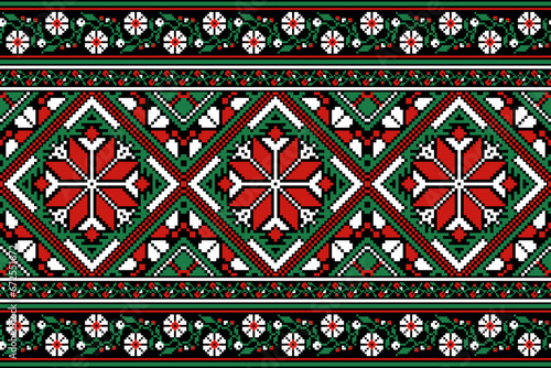 flower embroidery on black background. ikat and cross stitch geometric seamless pattern ethnic oriental traditional. Aztec style illustration design for carpet, wallpaper, clothing, wrapping, batik.