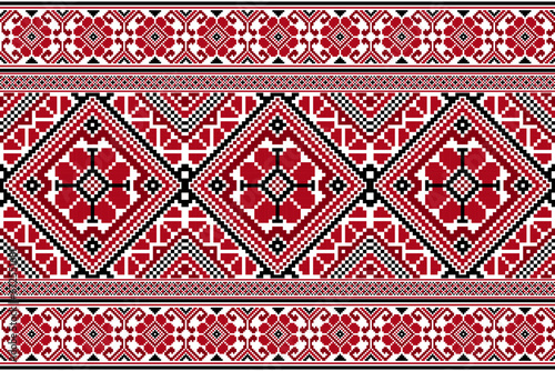 flower embroidery on white background. ikat and cross stitch geometric seamless pattern ethnic oriental traditional. Aztec style illustration design for carpet, wallpaper, clothing, wrapping, batik. photo