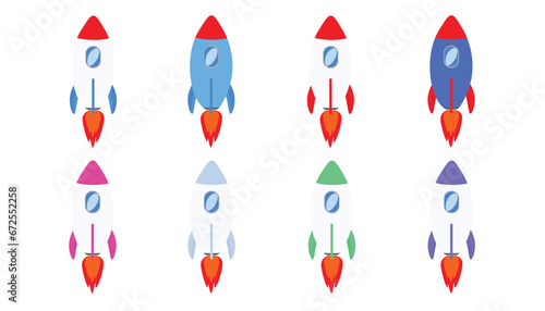 set of spacecrafts in different colors isolated on white background. spacecraft fly and fire