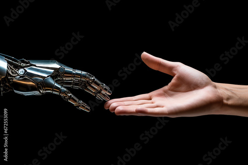Human hand delicately touches the hand of a robot's metallic