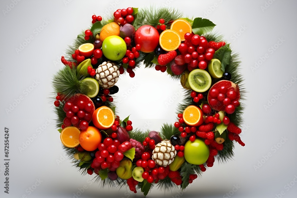 Shelf Edge Luxury Winter Orchard Christmas Wreath with Green Spruce Apples & Red Berries 
