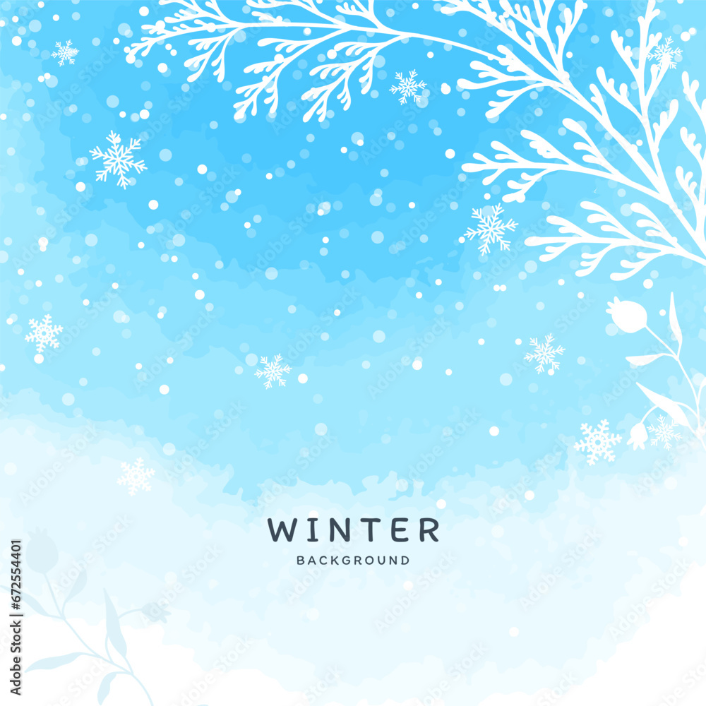 Winter blue vector background with watercolor snow texture and floral elements. Hand drawn Christmas tree branches, berries and snowflakes. Illustration for poster, wallpaper, banner, greeting card