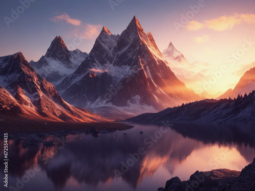 The majestic mountain peak silhouette sunset reflects tranquility, generative Ai