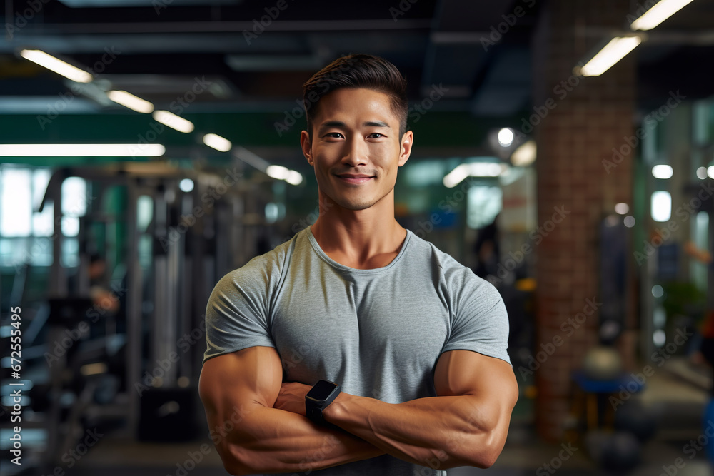 Muscular man posing in gym backdrop Muscular man posing in gym backdrop