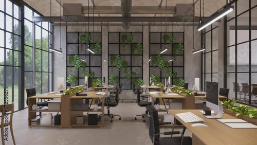 Interior Empty Modern Loft Office open space modern office footage.Modern open concept Lobby and reception area meeting room design.3d Rendering  interior walk through.