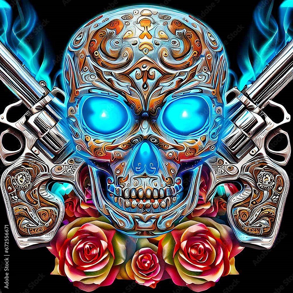 AI generated illustration of a skull with two guns and roses against a black background - obrazy, fototapety, plakaty 