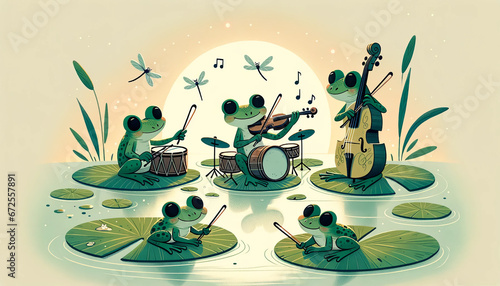 Illustration in a whimsical animated style of a group of frogs having a musical concert on lily pads, with one playing a violin, another on drums, and a third singing. 