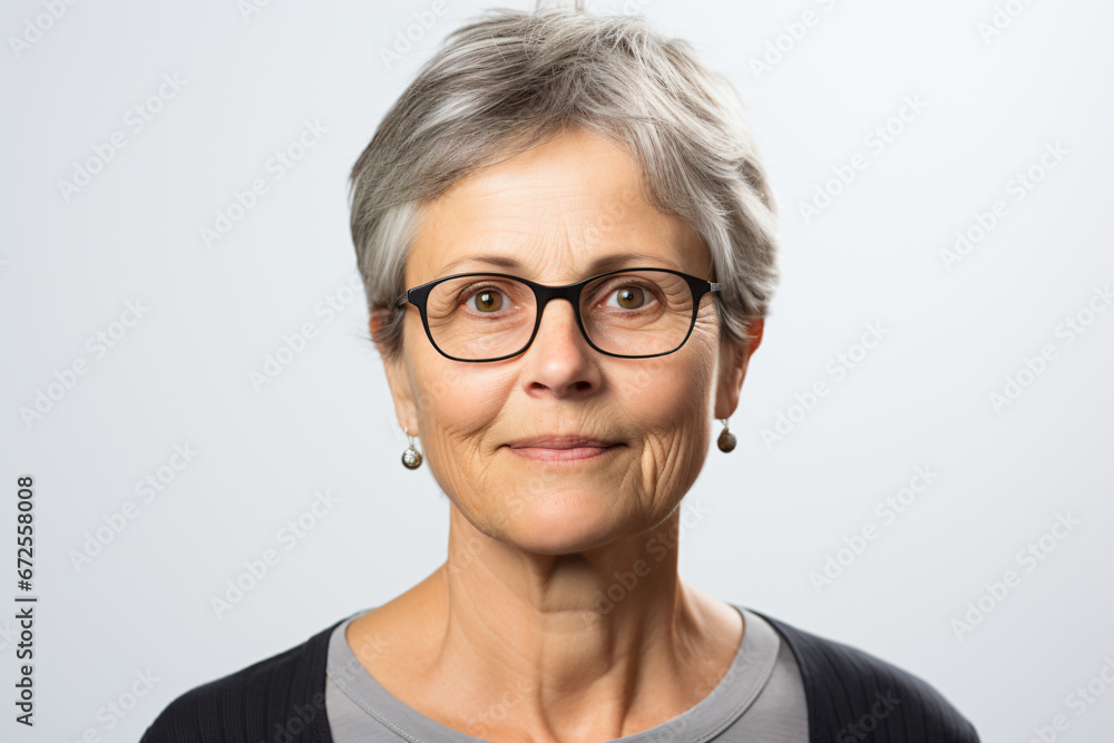 a woman with glasses and a gray shirt