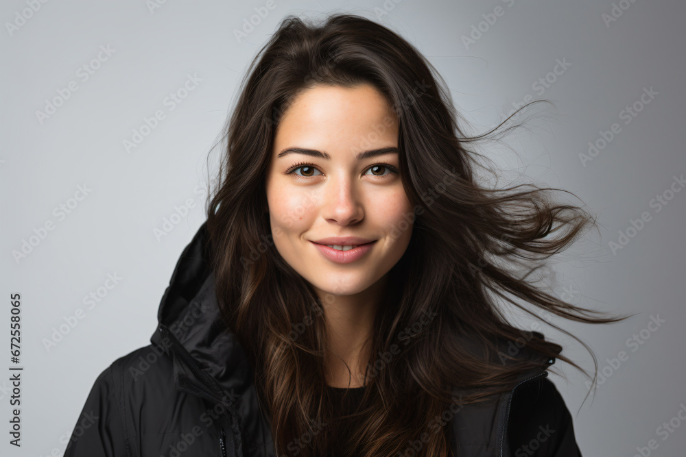 a woman with long hair wearing a black jacket a woman with long hair wearing a black jacket