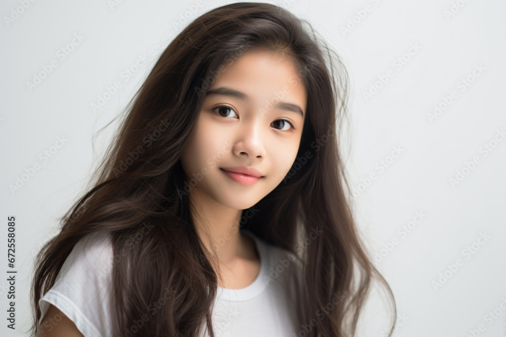 a young girl with long brown hair and a white shirt