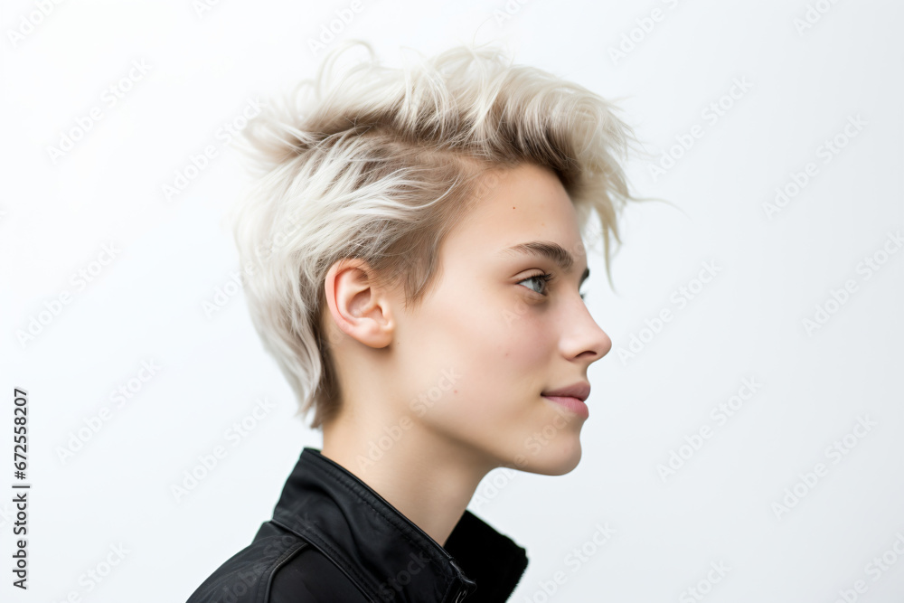 a woman with a short blond haircut and a black jacket a woman with a short blond haircut and a black jacket
