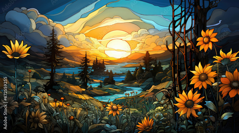 A Stained Glass Evening Sun Landscape , Background Image, Hd