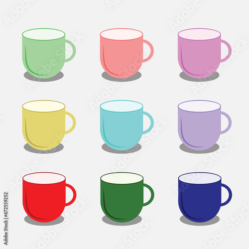 Set of colorful coffee and tea cup cartoon illustration. Vector illustration tea accessories for tea ceremony for cafes and restaurant.