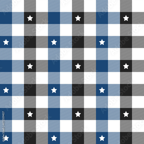 Navy blue and black plaid pattern with star background. plaid pattern background. plaid background. Seamless pattern. for backdrop, decoration, gift wrapping, gingham tablecloth, blanket, tartan.