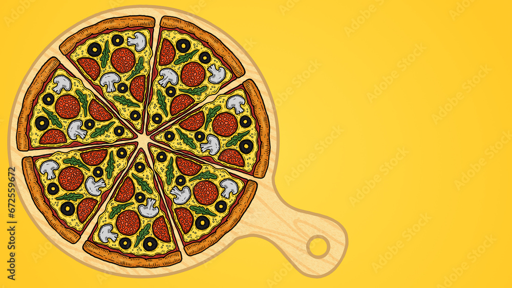 sliced cartoon pizza illustration isolated on yellow gradient background horizontal banner design template with text area copy space and place for text