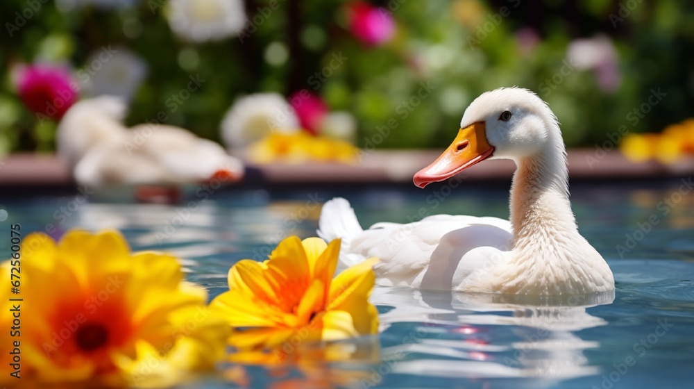 Graceful Water duck and Colorful Flowers in Natural Lake Setting generated by AI tool Graceful Water duck and Colorful Flowers in Natural Lake Setting generated by AI tool