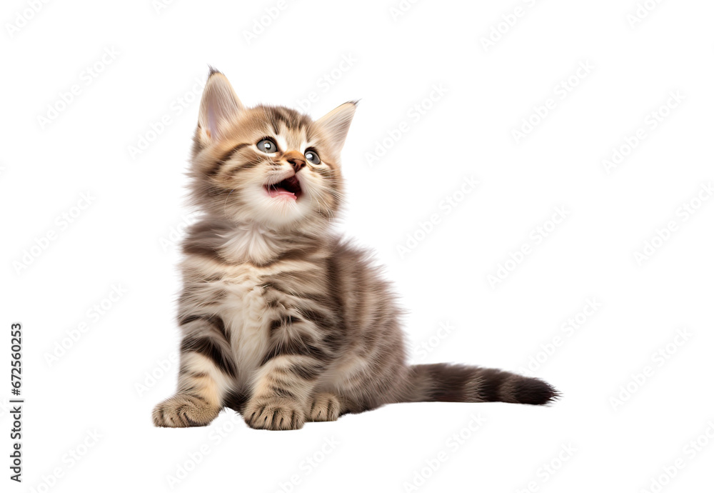 Cute kitten sitting, looking up and licking its lips waiting for yummy isolated