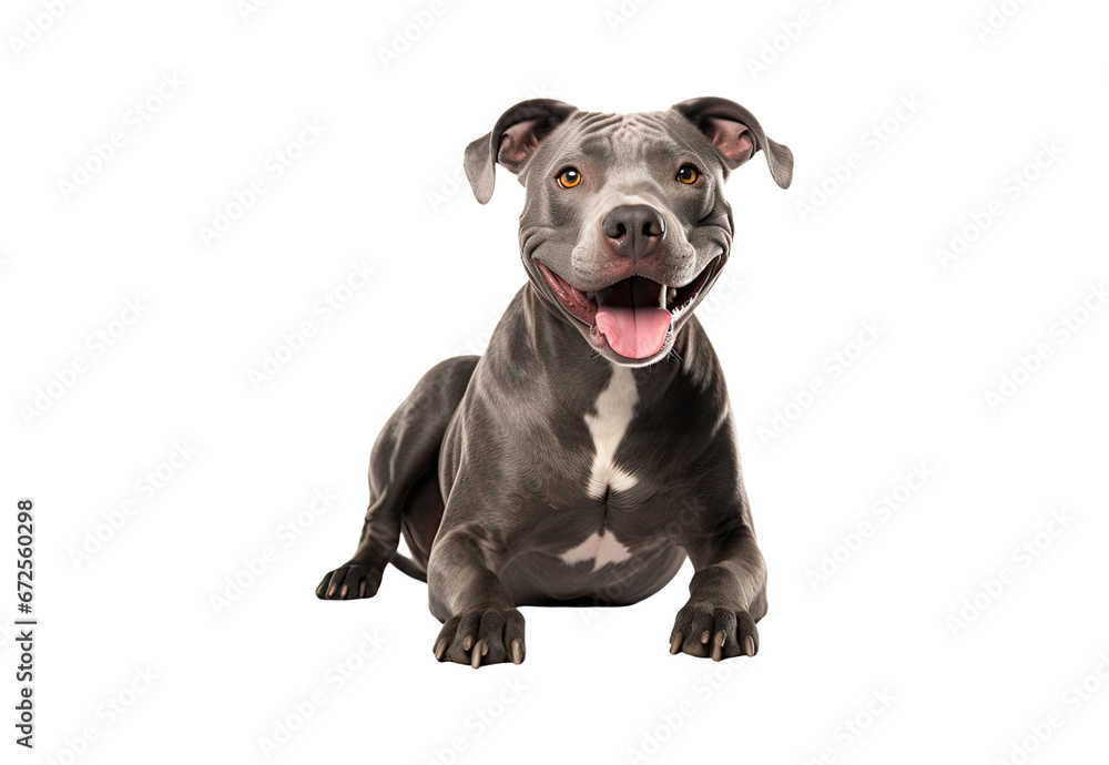 smiling blue gray rescue pit bull type dog sitting with tongue out against