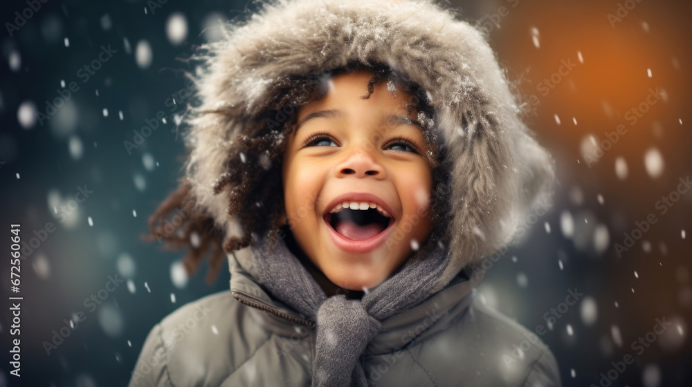 A joyful kid in a warm hat, playfully catching snowflakes on his tongue on a snowy day A joyful kid in a warm hat, playfully catching snowflakes on his tongue on a snowy day