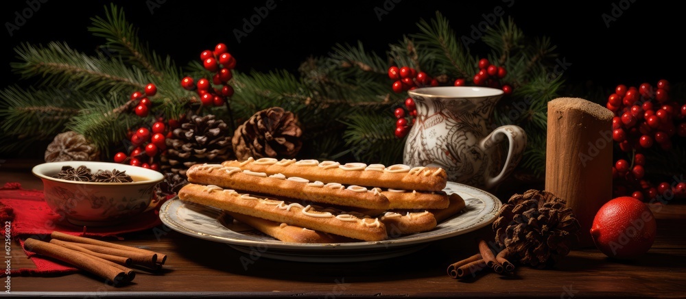 On the table there are biscuit rods and festive ornaments