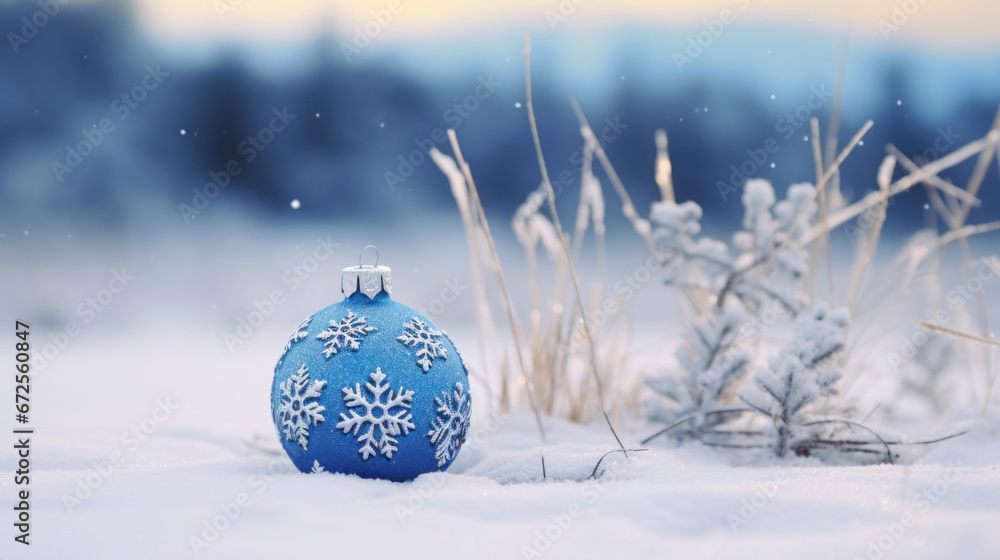 Blue Christmas ornament on a snow