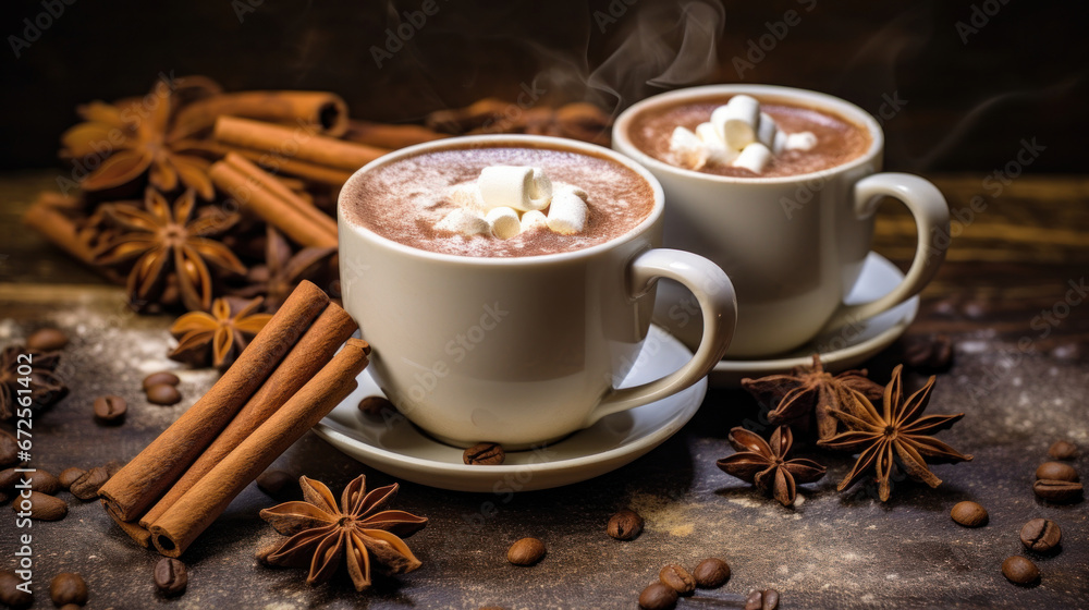 Two cups of hot chocolate with marshmallows Two cups of hot chocolate with marshmallows