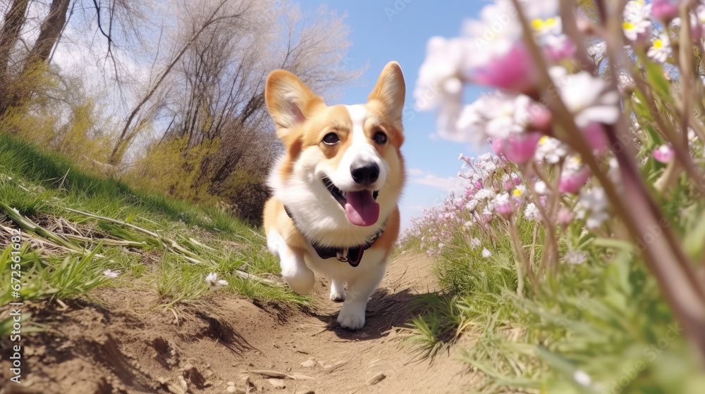 Corgi Walking Along A Blooming Spring Trail Adorable , Background Image, Hd Corgi Walking Along A Blooming Spring Trail Adorable , Background Image, Hd