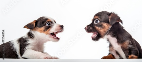 Puppies that are terriers are romping around indoors