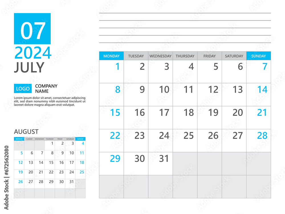 July 2024 template, Calendar planner 2024, week start on Monday, Desk calendar 2024 year, simple planner and clean design, Wall calendar design, Corporate planner template, Business template July 2024 template, Calendar planner 2024, week start on Monday, Desk calendar 2024 year, simple planner and clean design, Wall calendar design, Corporate planner template, Business template