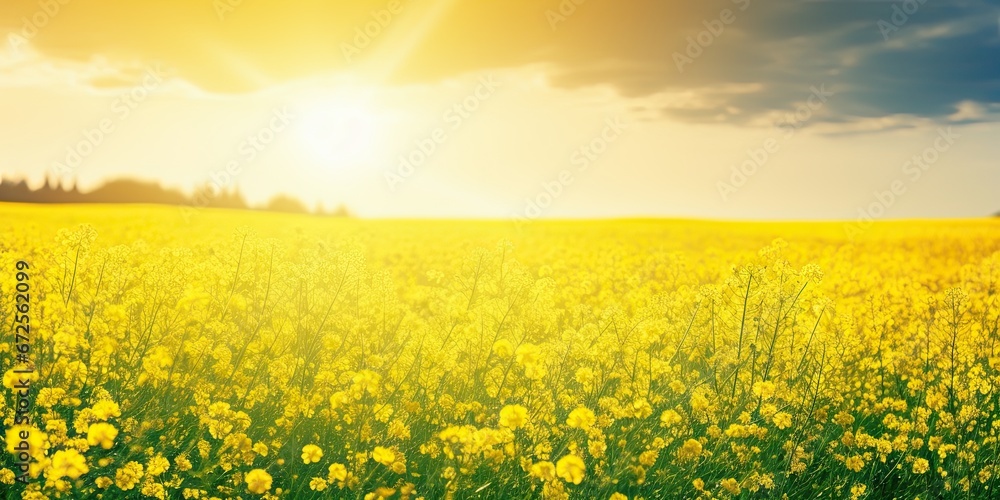 Fototapeta premium Sunlit meadows. Embracing beauty of nature summer landscape. Sunny horizons. Exploring vibrant flora and scenic beauty