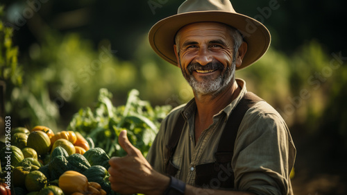 farmer giving thumbs up with vegetables in the field, Happy, Smiling generative ai