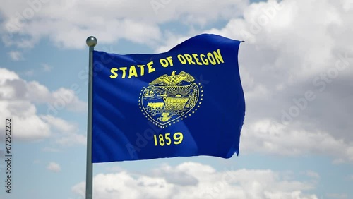 Oregon state waving flag. USA Close up American OR flag flutters in the wind. Cloudy sky background. Realistic 3d render cgi.