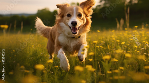 Dog Running Through A Spring Field Lively Carefree , Background Image, Hd