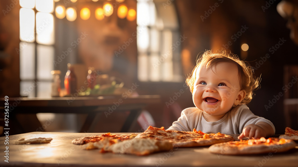 American happy baby toddler sitting at table with tasty crunchy fresh pizza.generativve ai