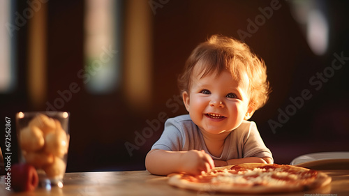 American happy baby toddler sitting at table with tasty crunchy fresh pizza.generativve ai
