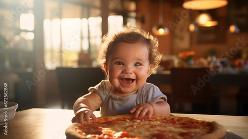 American happy baby toddler sitting at table with tasty crunchy fresh pizza.generativve ai